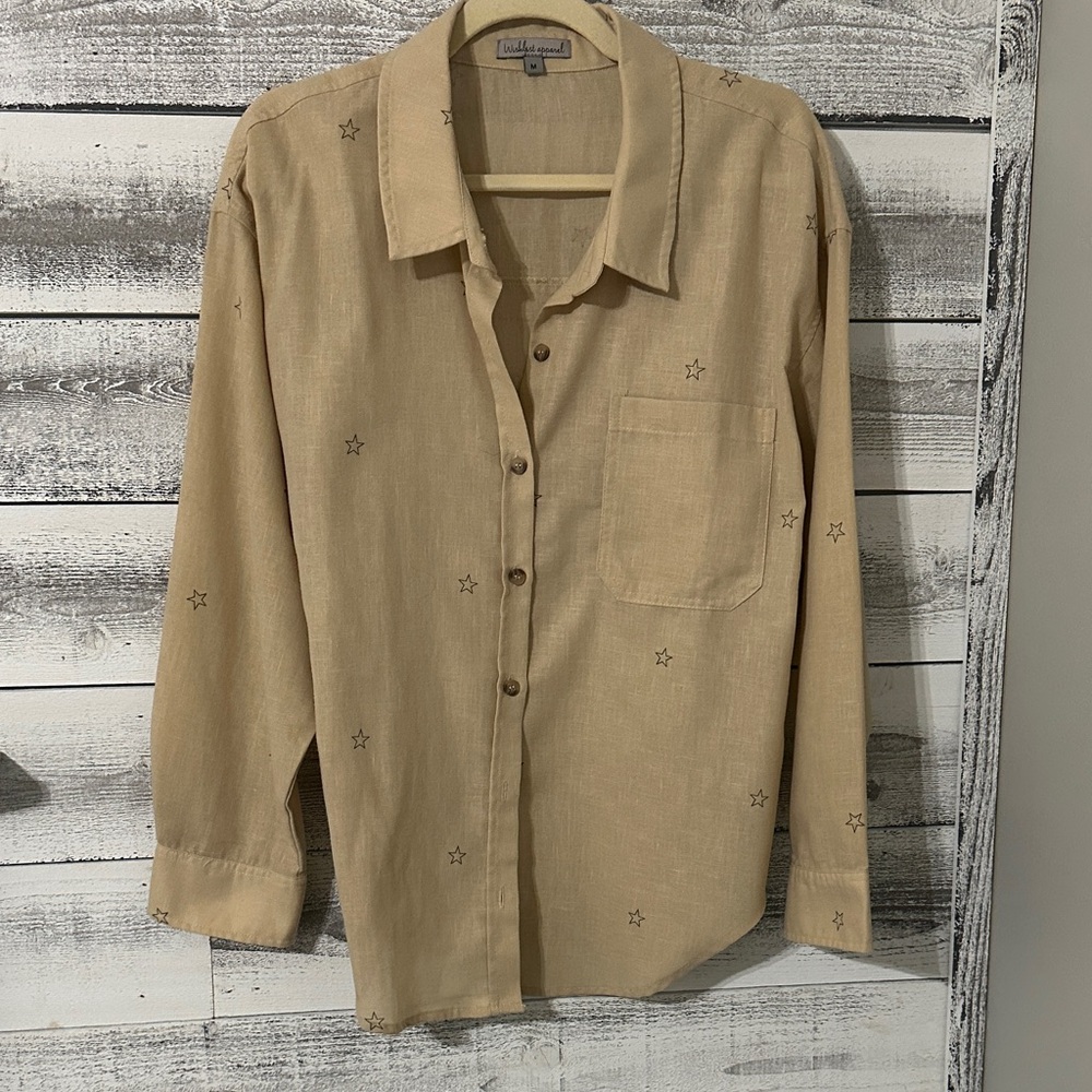 Tan Button Down Shirt with Star Pattern